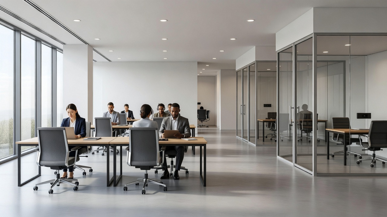 A modern coworking and virtual office space with desks and meeting rooms