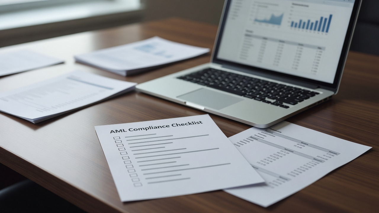 A compliance checklist on a desk with a laptop and documents