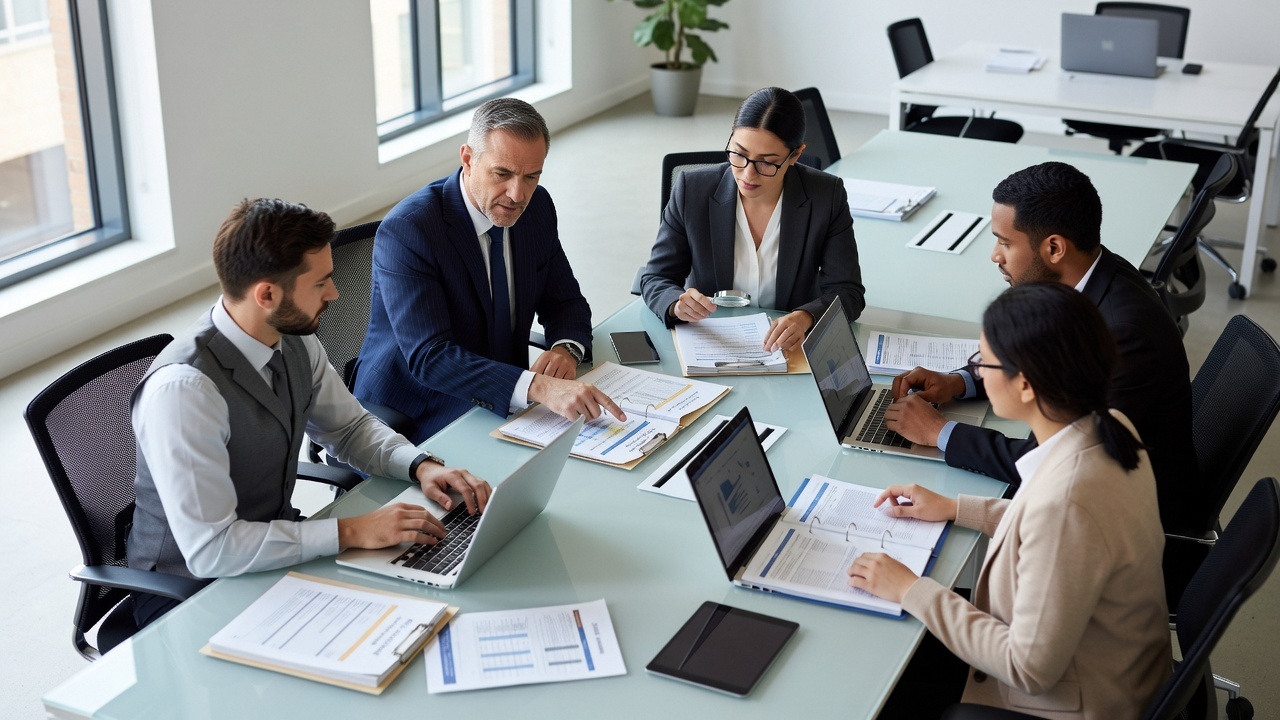 A financial compliance team reviewing AML documentation in a UK office
