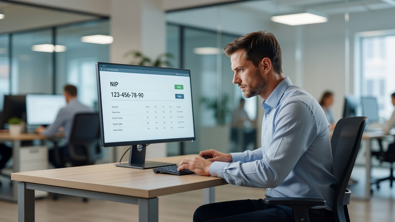 A compliance analyst checking a company's VAT status by NIP on screen