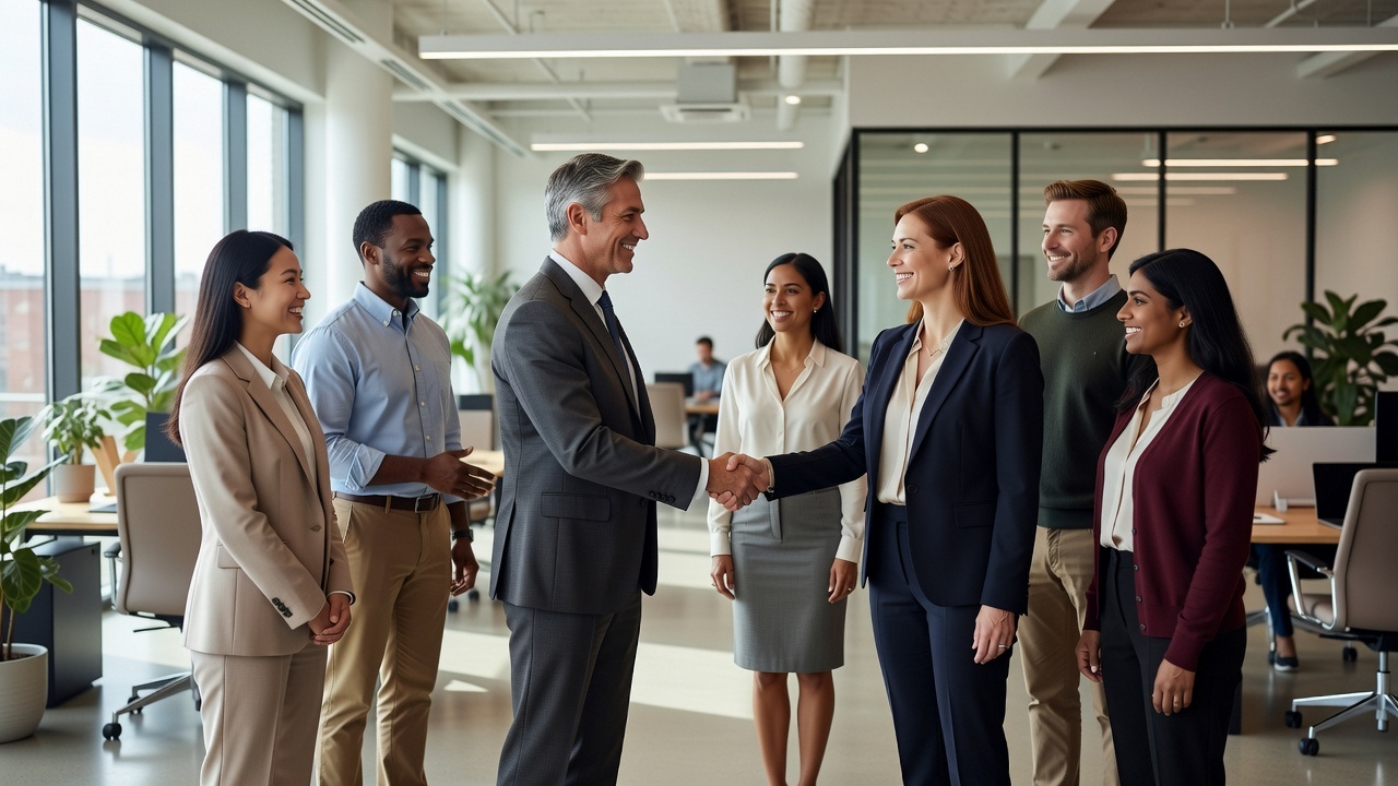 A team welcoming a new business client in a modern office