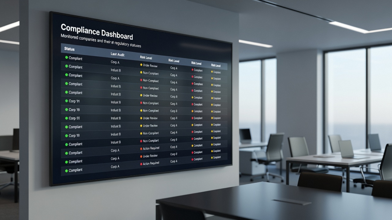A compliance dashboard listing monitored UK companies and their status