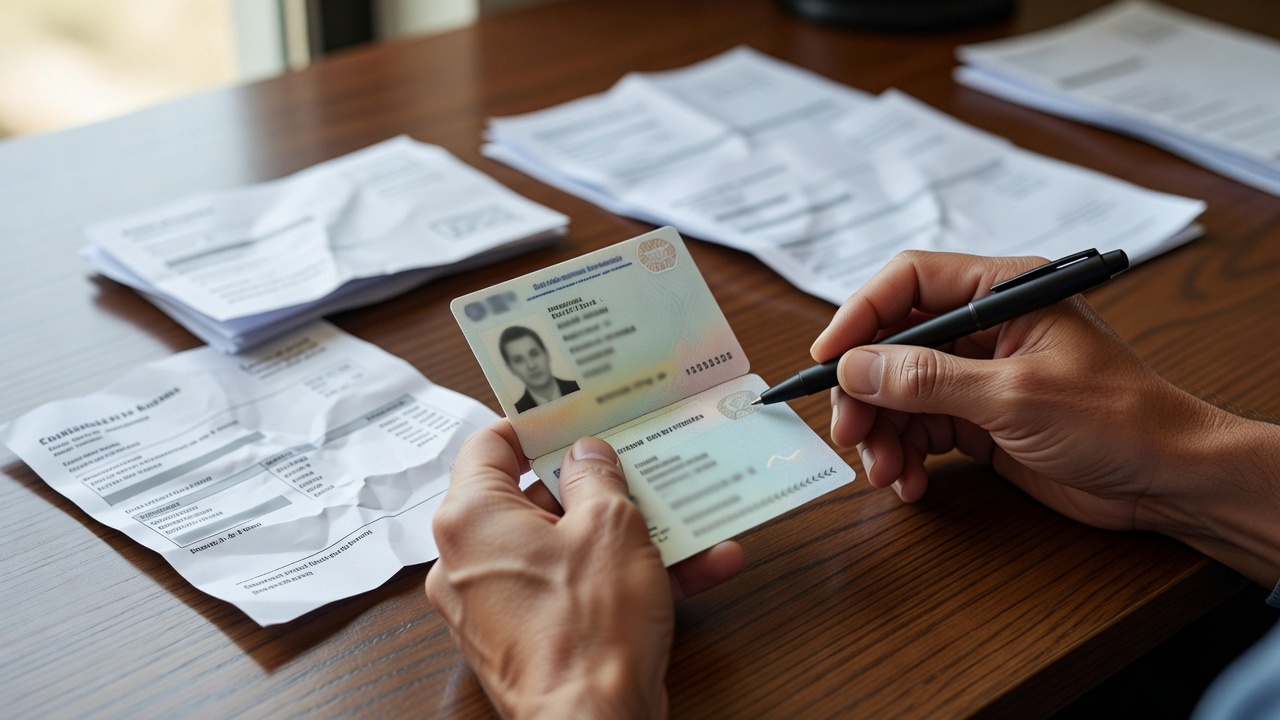 An identity document and utility bills on a desk being checked