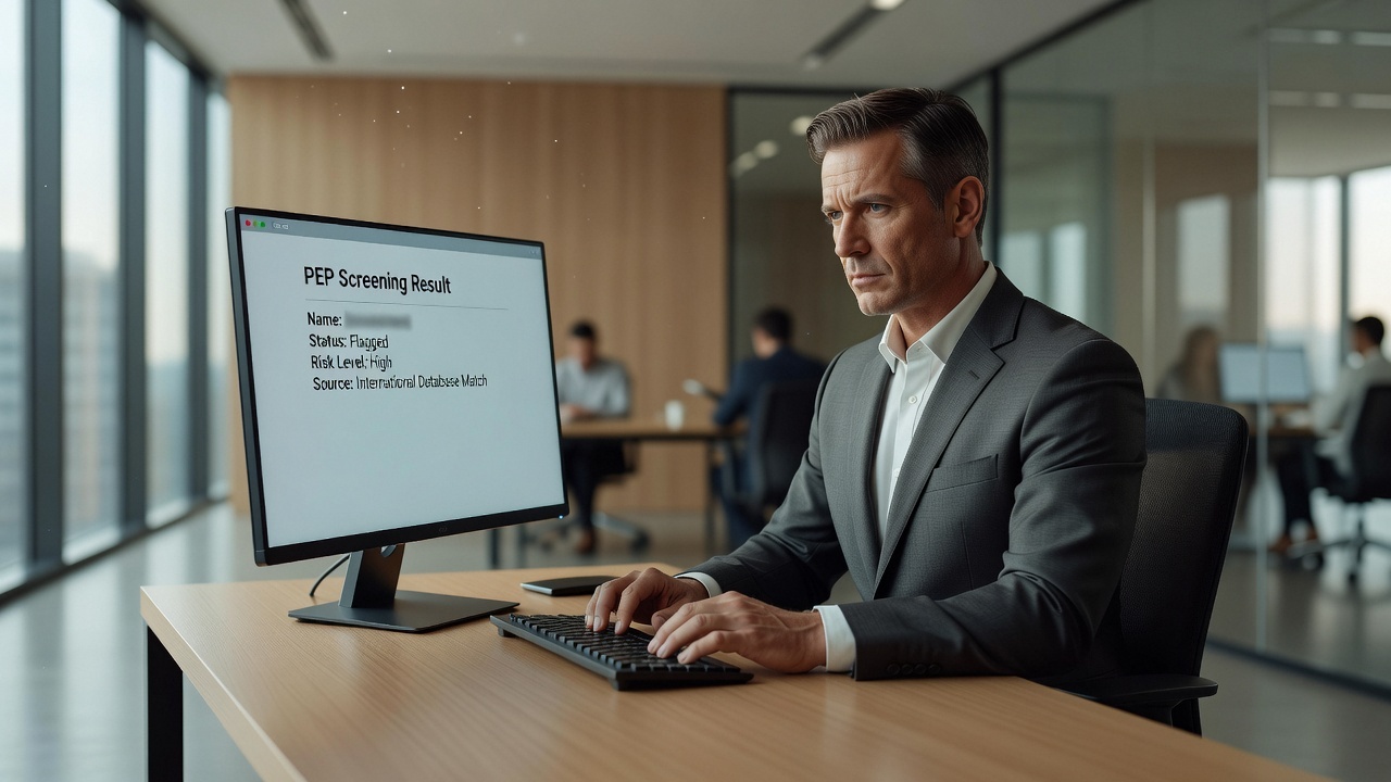 A compliance officer reviewing a PEP screening result on screen